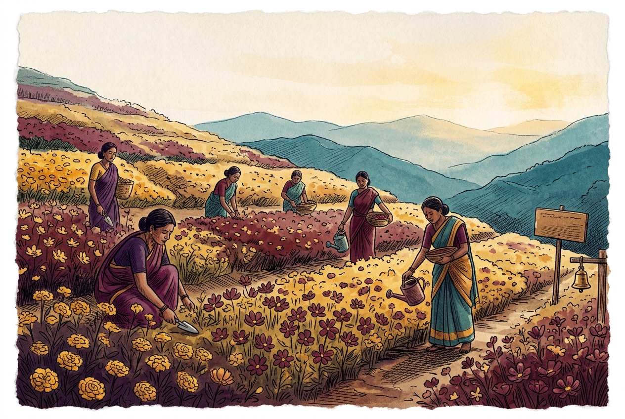 Watercolor illustration of women planting flowers on a Nilgiris hillside at dawn.