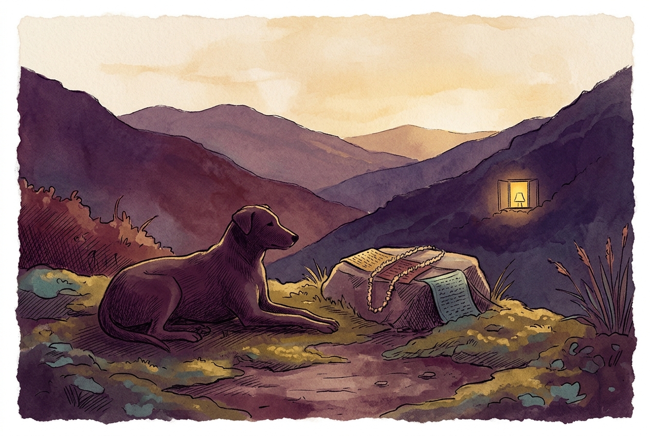 Watercolor illustration of a street dog resting at golden hour in the Nilgiris.