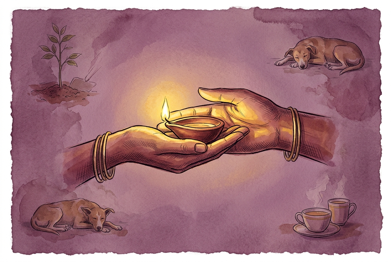 Watercolor illustration of two hands passing a clay diya lamp between them.